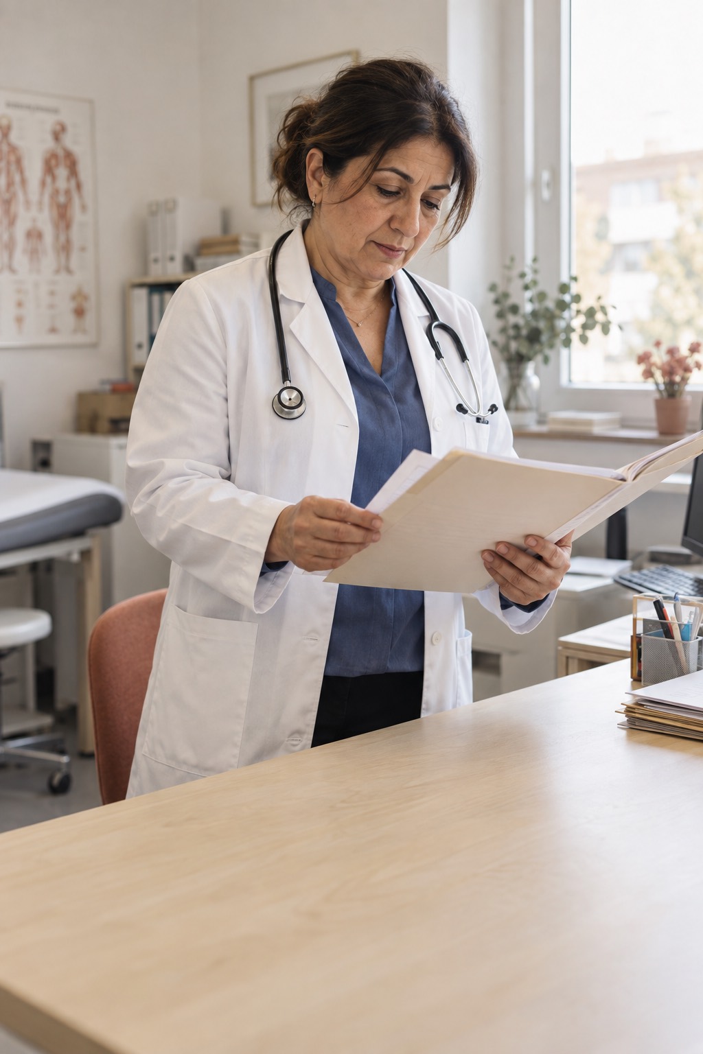Hausärztin im weißen Kittel liest am Holzschreibtisch in ihrem hellen Sprechzimmer eine Patientenakte