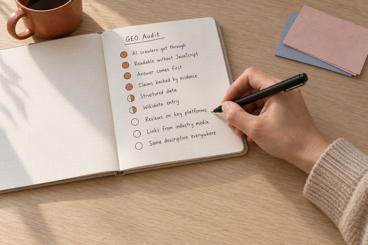 Handwritten GEO audit checklist in a notebook, the first items checked off