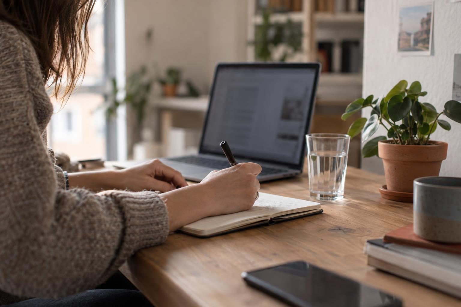 Woman taking notes at her desk next to an open laptop