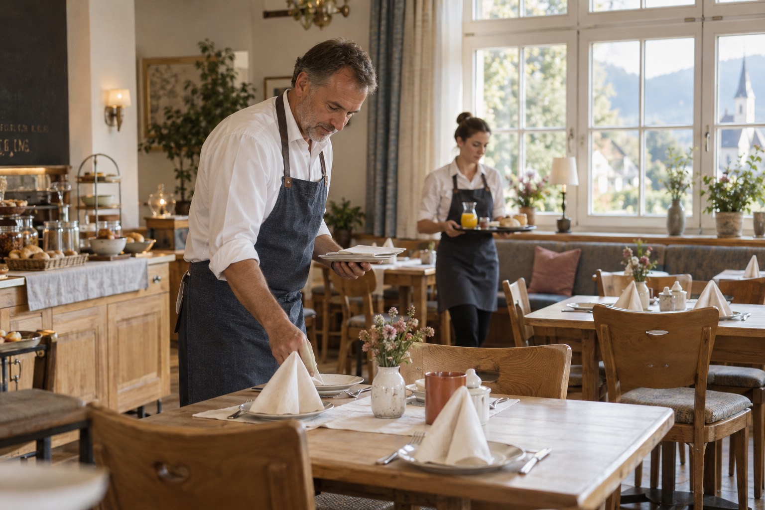 Innkeeper setting tables in a bright breakfast room while a colleague carries a tray, hills and a church steeple outside the window