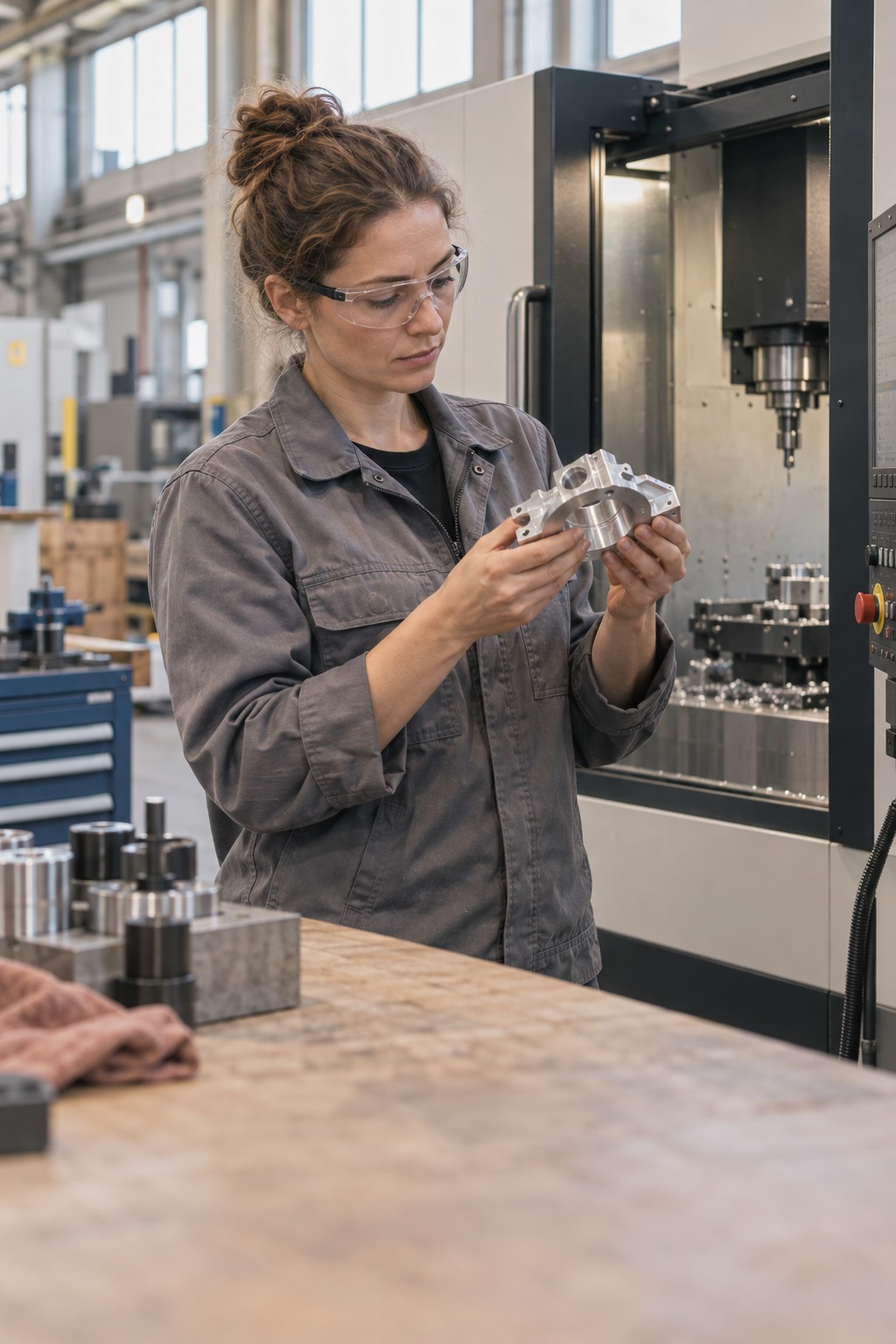 Engineer in safety glasses inspecting a freshly machined aluminum part next to a CNC machine