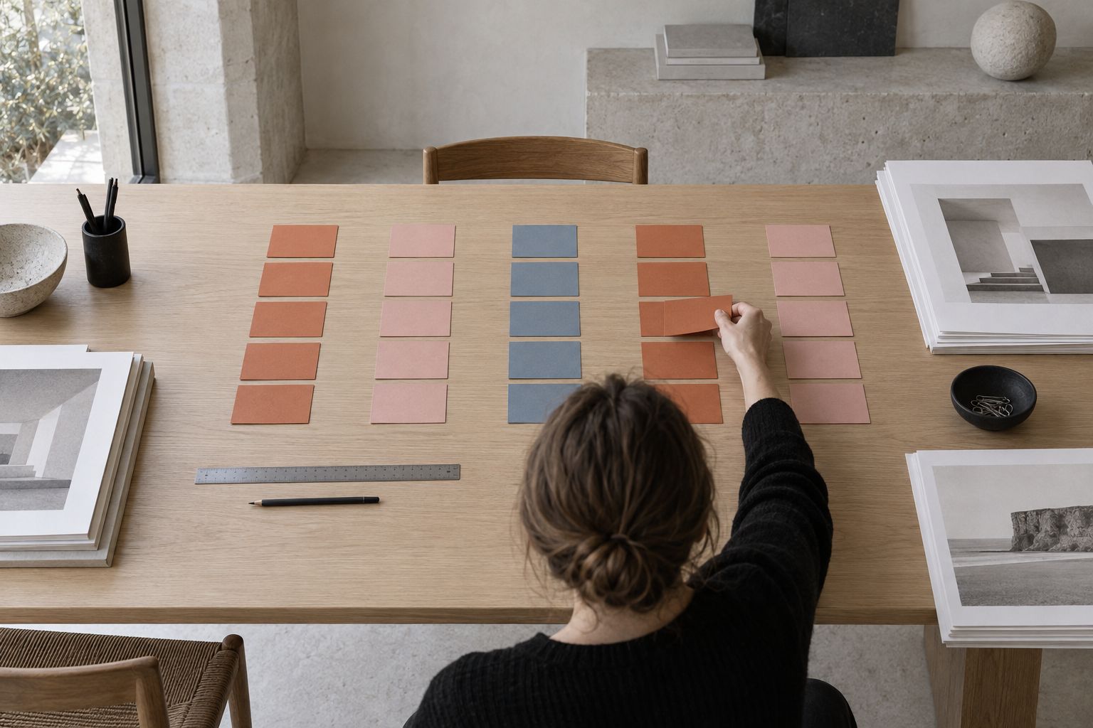 Index cards in five columns, a hand moving one card along