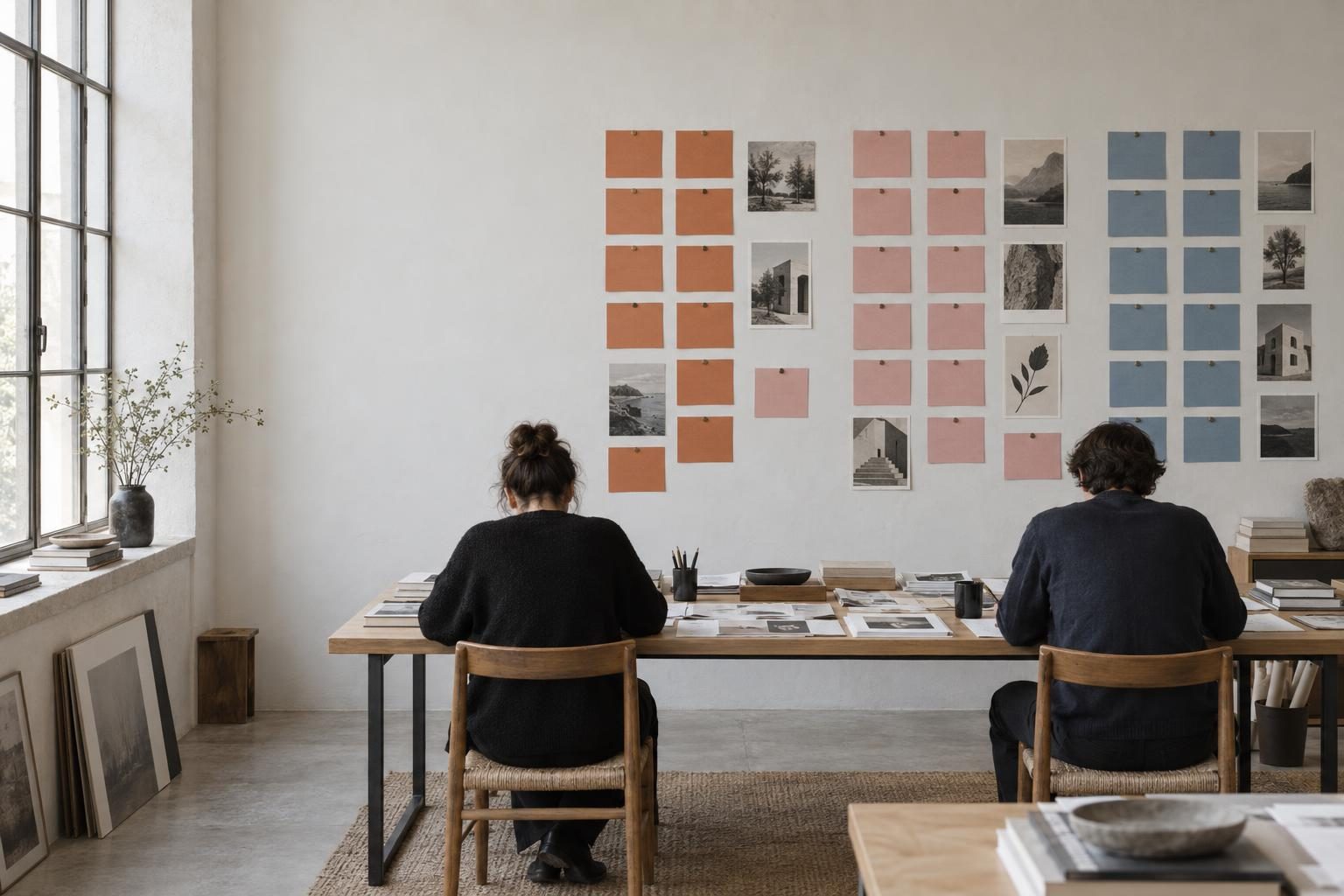 Two people working in front of a wall of colored topic cards