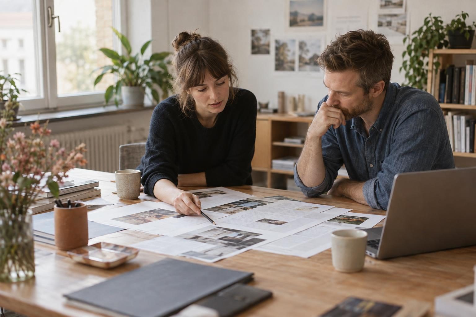 Two colleagues comparing documents and a laptop at a meeting table