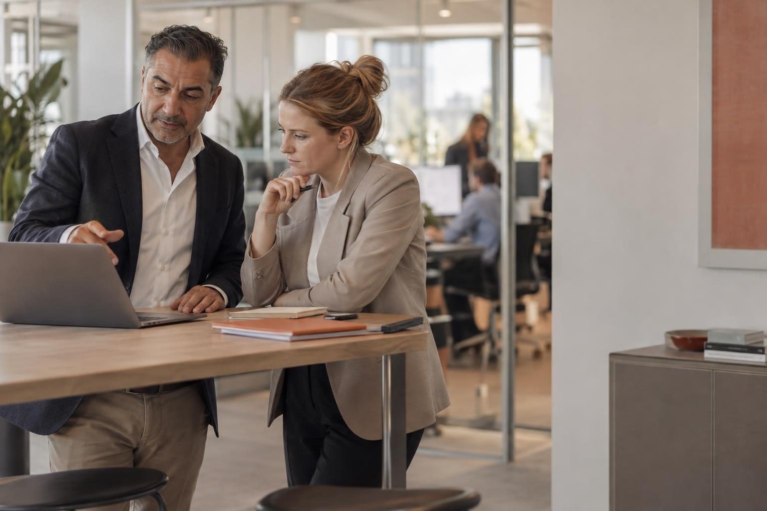 Consultant and colleague discussing a draft on a laptop at a standing desk